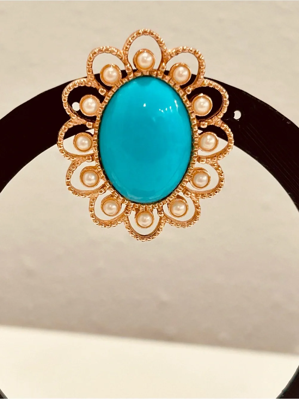 Vintage Sarah Faux Turquoise And Faux Pearl Brooch Oval Gold Tone Tassel Signed